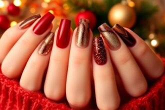 Μια ποικιλία από εορταστικά σχέδια μανικιούρ που δείχνουν συνδυασμούς από σοκολατί και κερασιές αποχρώσεις, tortoiseshell μοτίβα, μοντέρνο γαλλικό μανικιούρ, μεταλλικά νύχια και ημιδιαφανείς υφές.