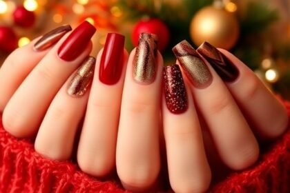 Μια ποικιλία από εορταστικά σχέδια μανικιούρ που δείχνουν συνδυασμούς από σοκολατί και κερασιές αποχρώσεις, tortoiseshell μοτίβα, μοντέρνο γαλλικό μανικιούρ, μεταλλικά νύχια και ημιδιαφανείς υφές.