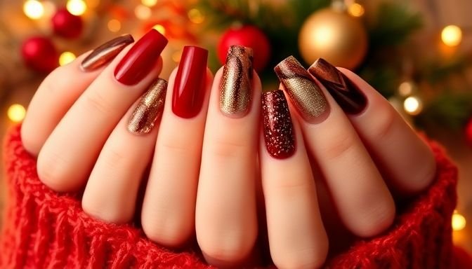 Μια ποικιλία από εορταστικά σχέδια μανικιούρ που δείχνουν συνδυασμούς από σοκολατί και κερασιές αποχρώσεις, tortoiseshell μοτίβα, μοντέρνο γαλλικό μανικιούρ, μεταλλικά νύχια και ημιδιαφανείς υφές.