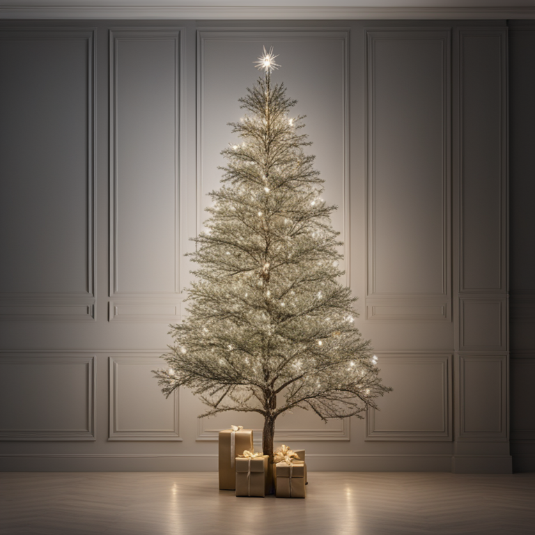Μια επαγγελματική διάταξη φωτισμού σε ένα χριστουγεννιάτικο δέντρο με ζεστά και ψυχρά φώτα, fairy lights και μινιμαλιστικό στυλ.