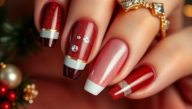 Κοντινό πλάνο σε γιορτινά σχέδια μανικιούρ με ενδιαφέροντα χρώματα και υφές.
