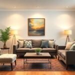 Ένα όμορφα διακοσμημένο καθιστικό με σύγχρονα και vintage έπιπλα που δημιουργούν μια ζεστή ατμόσφαιρα.