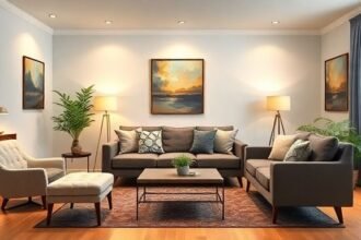 Ένα όμορφα διακοσμημένο καθιστικό με σύγχρονα και vintage έπιπλα που δημιουργούν μια ζεστή ατμόσφαιρα.