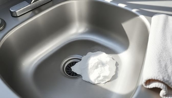 Ένας καθαρός και λαμπερός νεροχύτης στην κουζίνα, με αλεύρι και υλικά καθαρισμού.