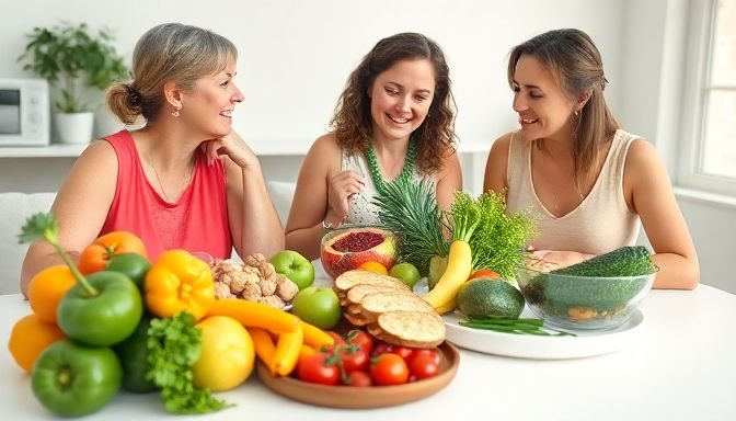 Υγιεινά τρόφιμα που επηρεάζουν την εμμηνόπαυση, όπως φρούτα, λαχανικά και όσπρια.