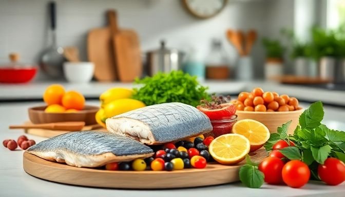 Εικόνα που απεικονίζει υγιεινά τρόφιμα σε μια κουζίνα