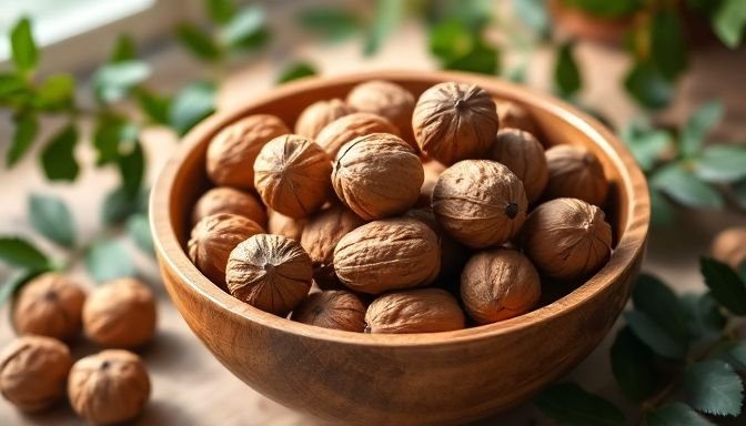 Ανακούφισε το στρες σου ενισχύοντας τη διατροφή σου με έναν απλό τρόπο 2 Ξύλινο μπολ γεμάτο καρύδια με φυσικό φως
