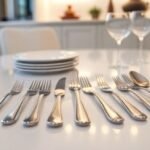 Ένα σετ από καθαρά και λαμπερά μαχαιροπίρουνα σε τραπέζι, αναδεικνύοντας τη σπουδαιότητα της καθαριότητας και της φροντίδας τους.