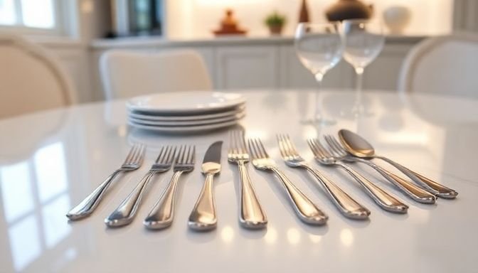 Ένα σετ από καθαρά και λαμπερά μαχαιροπίρουνα σε τραπέζι, αναδεικνύοντας τη σπουδαιότητα της καθαριότητας και της φροντίδας τους.