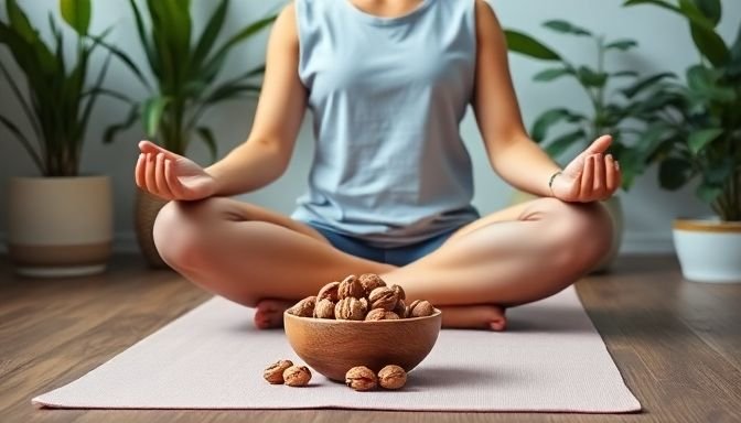 Ανακούφισε το στρες σου ενισχύοντας τη διατροφή σου με έναν απλό τρόπο 3 Άτομο που κάνει διαλογισμό με καρύδια δίπλα του