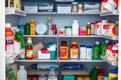 Ακατάστατο ψυγείο με αντιβιοτικά και άλλα κοινά είδη διατροφής, που συμβολίζει την κατάχρηση αντιβιοτικών στην Ελλάδα και τις συνέπειες της ανθεκτικότητας των μικροβίων.