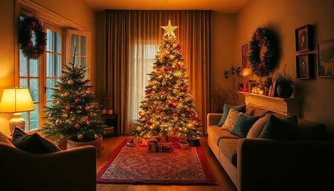 Σαλόνι διακοσμημένο για Χριστούγεννα με φωτεινό δέντρο