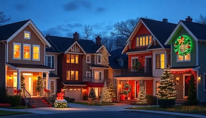 Γειτονιά στολισμένη με χριστουγεννιάτικες διακοσμήσεις