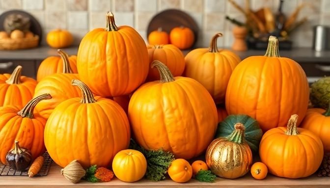 Φρέσκιες κολοκύθες σε κουζίνα, γεμάτες χρώμα και υγιεινές ιδιότητες.