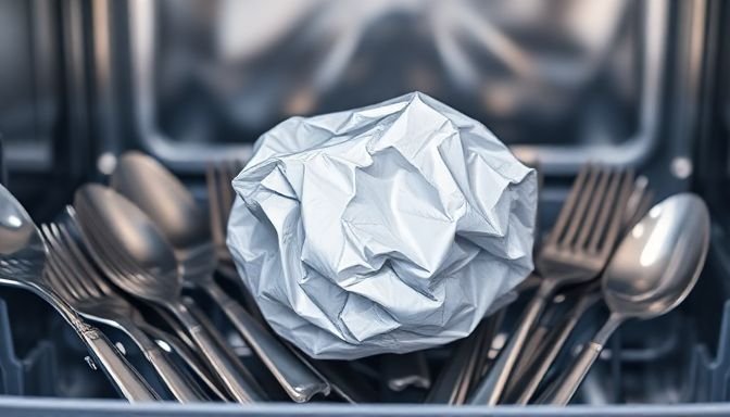 Πώς θα έχεις πάντα λαμπερά μαχαιροπίρουνα με μια απλή κίνηση 3 Μια μπάλα αλουμινόχαρτου ανάμεσα σε λαμπερά μαχαιροπίρουνα στο πλυντήριο πιάτων