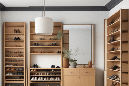 Ένα οργανωμένο χώρο αποθήκευσης παπουτσιών με γαντζάκια και ξύλινα κιβώτια.