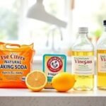 Φυσικά καθαριστικά υλικά όπως μαγειρική σόδα, λεμόνι και ξίδι σε μια καθαρή κουζίνα.