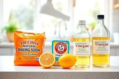 Φυσικά καθαριστικά υλικά όπως μαγειρική σόδα, λεμόνι και ξίδι σε μια καθαρή κουζίνα.