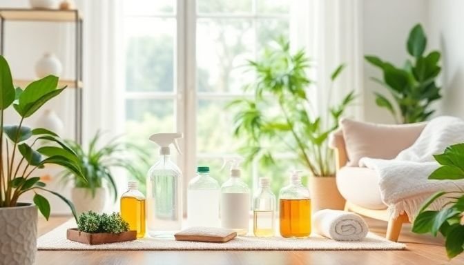 Οικιακή εικόνα με φυσικά καθαριστικά προϊόντα σε ένα φωτεινό και υγιές περιβάλλον.