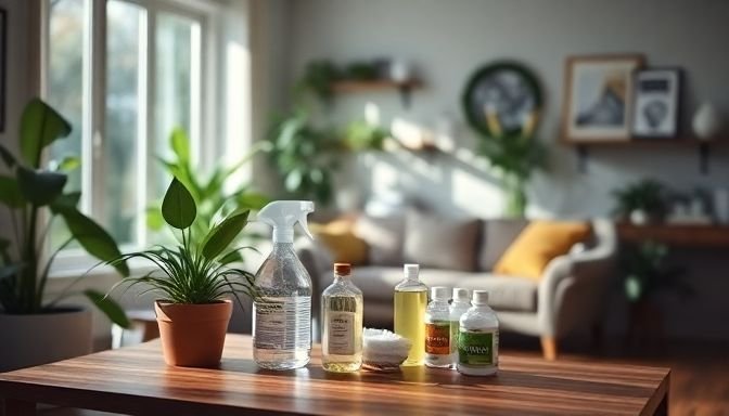 Φυσικά καθαριστικά προϊόντα σε ένα φωτεινό σαλόνι