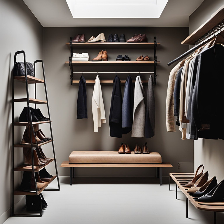 Οργανωμένος χώρος αποθήκευσης παπουτσιών και αξεσουάρ με γαντζάκια, ράγες και ξύλινη σκάλα.