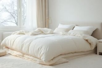 Μια ζεστή και άνετη κρεβατοκάμαρα με ένα φουντωτό πάπλωμα που αναδεικνύει τη σημασία του καθαρισμού του για υγιή ύπνο.