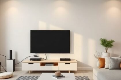 Σκηνή καθιστικού με τηλεόραση και καλώδια κρυμμένα πίσω από διακοσμητικά κανάλια και έπιπλα.