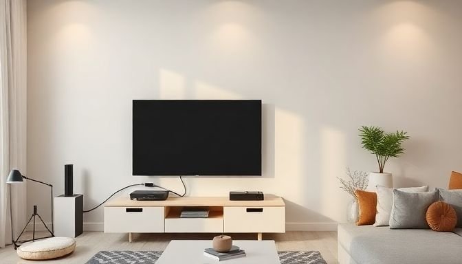 Σκηνή καθιστικού με τηλεόραση και καλώδια κρυμμένα πίσω από διακοσμητικά κανάλια και έπιπλα.