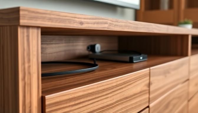 Πώς να Κρύψετε τα Καλώδια της Τηλεόρασης Χωρίς να Πιάσετε Κατσαβίδι 3 Κοντινή λήψη διαχείρισης καλωδίων με έπιπλο