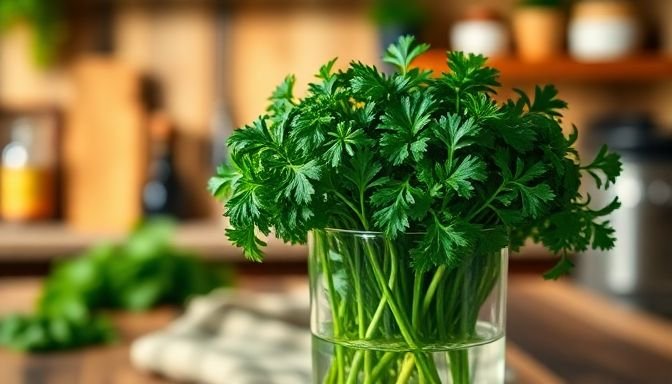 Το μυστικό για να μην ξαναπετάξετε μαϊντανό και βασιλικό ποτέ 2 Φρέσκα μαϊντανός και βασιλικός σε ποτήρι