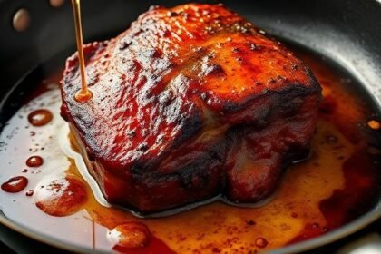 Η διαδικασία deglazing ενός ψητού, απεικονίζοντας πλούσια γεύση και τεχνική.