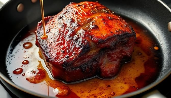 Η διαδικασία deglazing ενός ψητού, απεικονίζοντας πλούσια γεύση και τεχνική.