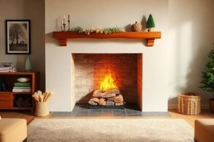 Καθαρισμένο και ετοιμοπόλεμο τζάκι σε χουχουλιάρικο σαλόνι, έτοιμο για χρήση.