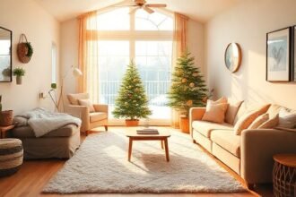 Ένα ζεστό και φιλόξενο σαλόνι κατά τη διάρκεια του χειμώνα, με ζεστά χρώματα και ηλιακό φως να εισέρχεται από τα παράθυρα.