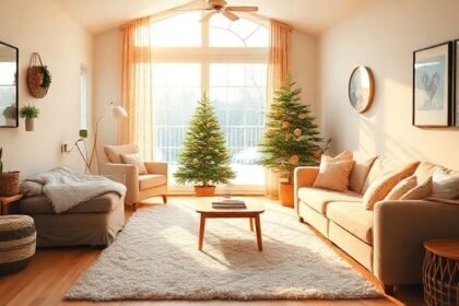 Ένα ζεστό και φιλόξενο σαλόνι κατά τη διάρκεια του χειμώνα, με ζεστά χρώματα και ηλιακό φως να εισέρχεται από τα παράθυρα.