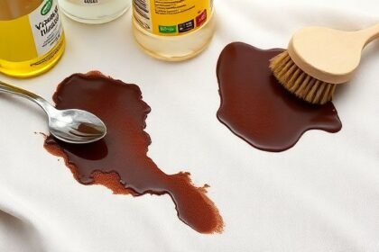 Κοντινή λήψη ενός λεκέ σοκολάτας σε ύφασμα με εργαλεία καθαρισμού.