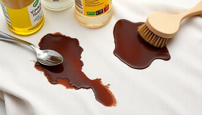 Κοντινή λήψη ενός λεκέ σοκολάτας σε ύφασμα με εργαλεία καθαρισμού.