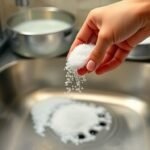 Σκηνή κουζίνας με χέρι που ρίχνει αλάτι σε αποχέτευση, δείχνοντας μια οικονομική λύση για βουλωμένες σωληνώσεις.