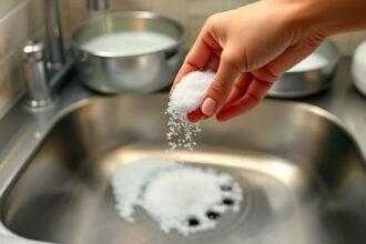 Σκηνή κουζίνας με χέρι που ρίχνει αλάτι σε αποχέτευση, δείχνοντας μια οικονομική λύση για βουλωμένες σωληνώσεις.