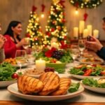 Σκηνή με υγιεινές διατροφικές επιλογές σε γιορτινό τραπέζι, προσδιορίζοντας την ισορροπία μεταξύ απόλαυσης και υγείας κατά τη διάρκεια των Χριστουγέννων.