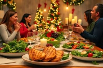 Σκηνή με υγιεινές διατροφικές επιλογές σε γιορτινό τραπέζι, προσδιορίζοντας την ισορροπία μεταξύ απόλαυσης και υγείας κατά τη διάρκεια των Χριστουγέννων.