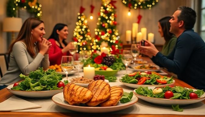 Σκηνή με υγιεινές διατροφικές επιλογές σε γιορτινό τραπέζι, προσδιορίζοντας την ισορροπία μεταξύ απόλαυσης και υγείας κατά τη διάρκεια των Χριστουγέννων.