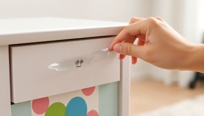 Μια χερί αφαίρεση αυτοκόλλητου από παιδικό έπιπλο