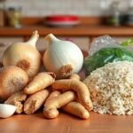 Μια ποικιλία τροφών που δεν πρέπει να αποθηκεύονται στο ψυγείο, όπως σκόρδο, κρεμμύδι, τζίντζερ και μαγειρεμένο ρύζι, σε έναν ξύλινο πάγκο κουζίνας.