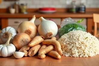 Μια ποικιλία τροφών που δεν πρέπει να αποθηκεύονται στο ψυγείο, όπως σκόρδο, κρεμμύδι, τζίντζερ και μαγειρεμένο ρύζι, σε έναν ξύλινο πάγκο κουζίνας.