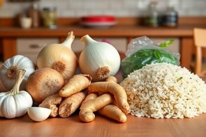 Μια ποικιλία τροφών που δεν πρέπει να αποθηκεύονται στο ψυγείο, όπως σκόρδο, κρεμμύδι, τζίντζερ και μαγειρεμένο ρύζι, σε έναν ξύλινο πάγκο κουζίνας.