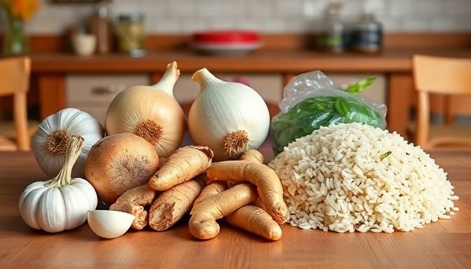 Μια ποικιλία τροφών που δεν πρέπει να αποθηκεύονται στο ψυγείο, όπως σκόρδο, κρεμμύδι, τζίντζερ και μαγειρεμένο ρύζι, σε έναν ξύλινο πάγκο κουζίνας.