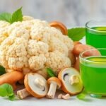 Superfoods cauliflower, mushrooms, and green tea featured together as a healthy dietary suggestion for Alzheimer prevention.