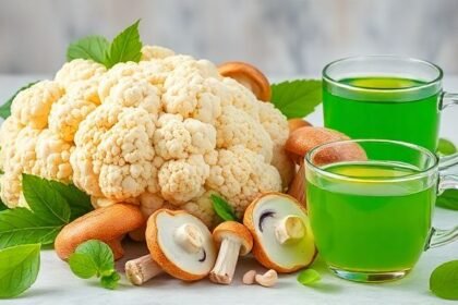 Superfoods cauliflower, mushrooms, and green tea featured together as a healthy dietary suggestion for Alzheimer prevention.