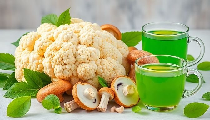 Superfoods cauliflower, mushrooms, and green tea featured together as a healthy dietary suggestion for Alzheimer prevention.